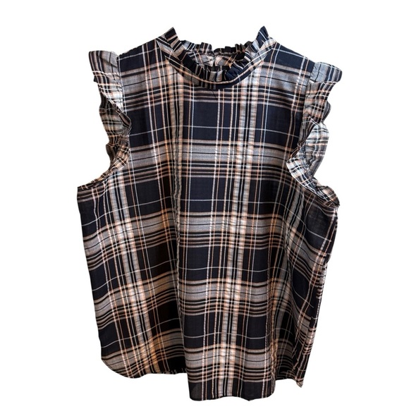 LOFT Navy and White Plaid Ruffle Sleeve Top - Picture 1 of 7